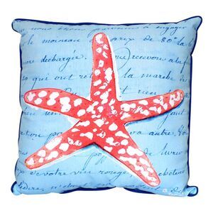 Coral Starfish Blue Script 18 Inch Indoor Outdoor Pillow Betsy Drake Design